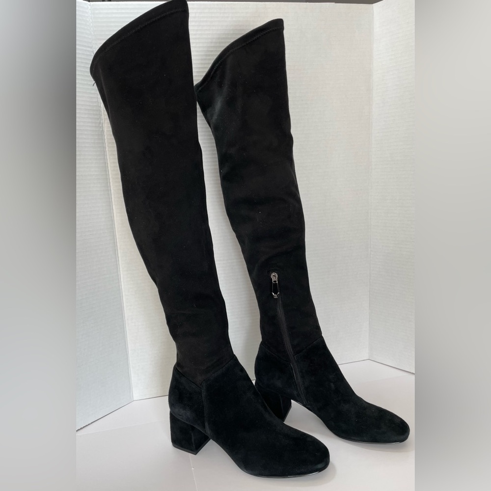 WHAT FOR Black Suede Over-the-Knee Boots Block Heel Almond Toe EU37